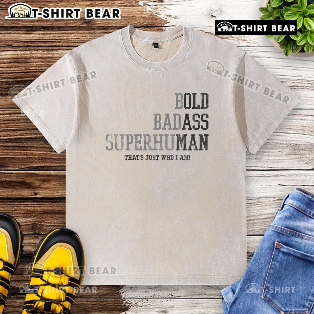 Alt Text: Happy bold badass superhuman old man wearing a washed T-shirt, exuding confidence and charisma in a vibrant setting.