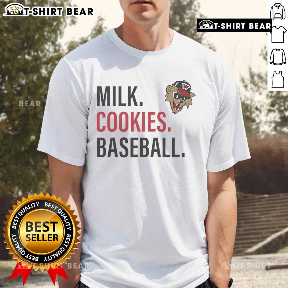 Happy Milk Cookies Baseball T-Shirt featuring Washington Wild Things logo, perfect for fans of the team and sweet treats.
