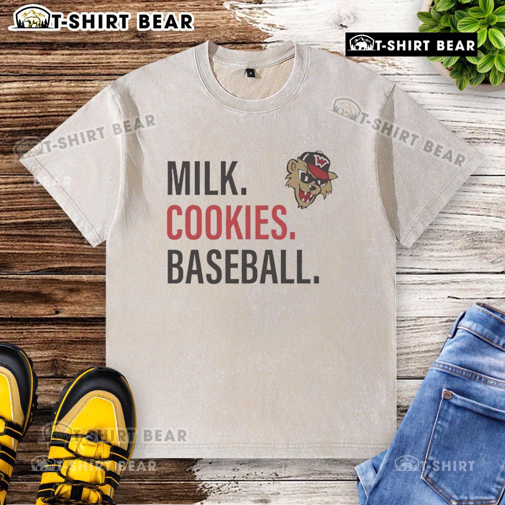 Alt Text: Happy Milk Cookies baseball t-shirt featuring Washington Wild Things logo, perfect for fans and casual wear.