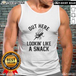 Happy mosquito wearing a tank top labeled 'Lookin' Like A Snack' in a sunny outdoor setting, showcasing playful summer style.