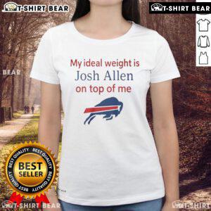 Happy woman wearing 'My Ideal Weight is Josh Allen' Buffalo Bills ladies tee, celebrating her team spirit and love for football.