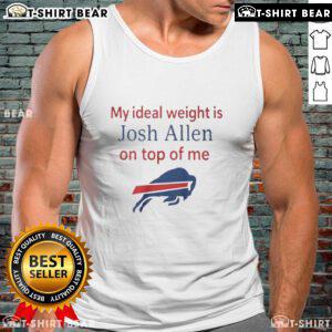Happy woman wearing a Buffalo Bills tank top with Josh Allen graphic, showcasing her ideal weight inspiration.