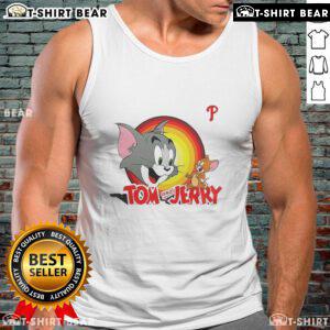 Alt Text: Happy Tom and Jerry X Philadelphia Phillies tank top featuring vibrant graphics and playful design for fans.