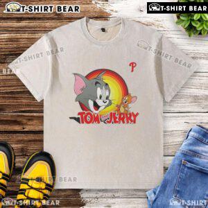 Alt Text: Happy Tom and Jerry X Philadelphia Phillies washed t-shirt featuring vibrant graphics and a comfortable fit.