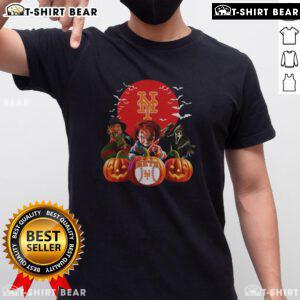 Hot New York Mets MLB horror movie Halloween T-shirt featuring spooky graphics for baseball fans celebrating Halloween.