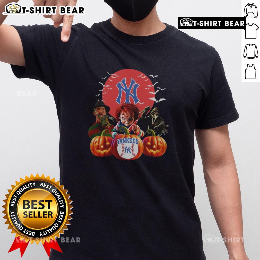 Alt Text: Hot New York Yankees MLB Horror Movie Halloween T-Shirt featuring spooky graphics and team logo for fans.