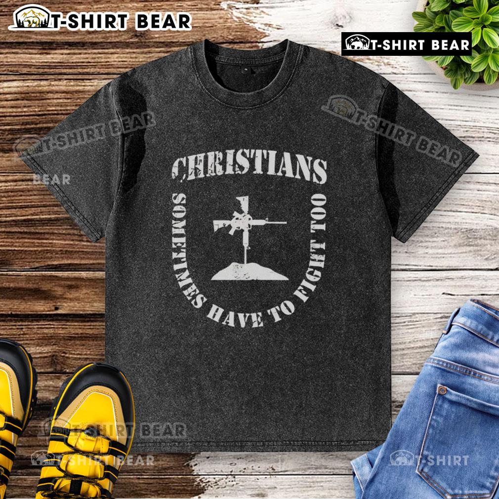 Nice Christians Sometimes Have To Fight Too Shield Formation washed t-shirt displayed on a hanger, showcasing its unique design.