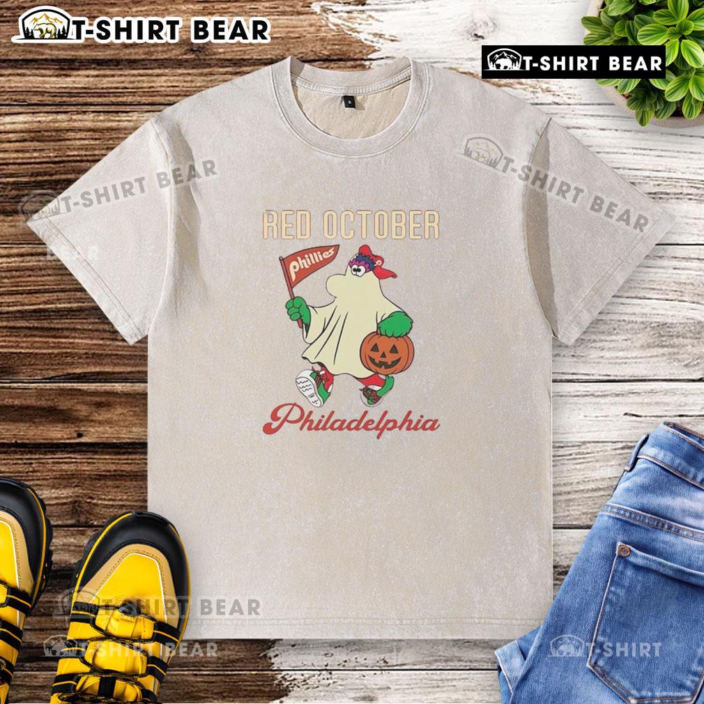 Nice Ghost Philadelphia Phillies Phanatic Red October Halloween washed t-shirt featuring a playful design for fans.
