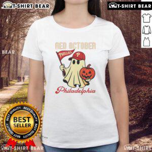 Nice Ghost Philadelphia Phillies Red October Halloween Ladies Tee featuring a playful ghost design for fans.