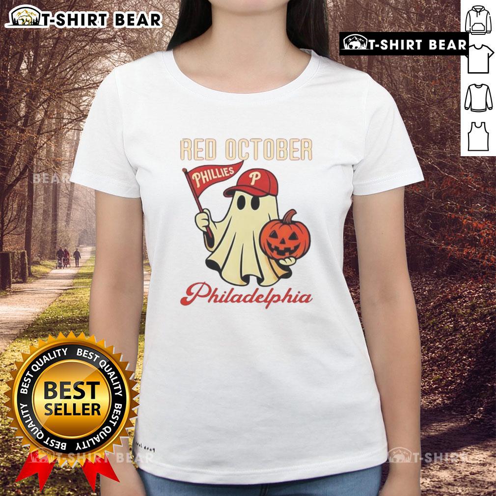 Nice Ghost Philadelphia Phillies Red October Halloween Ladies Tee featuring a playful ghost design for fans.