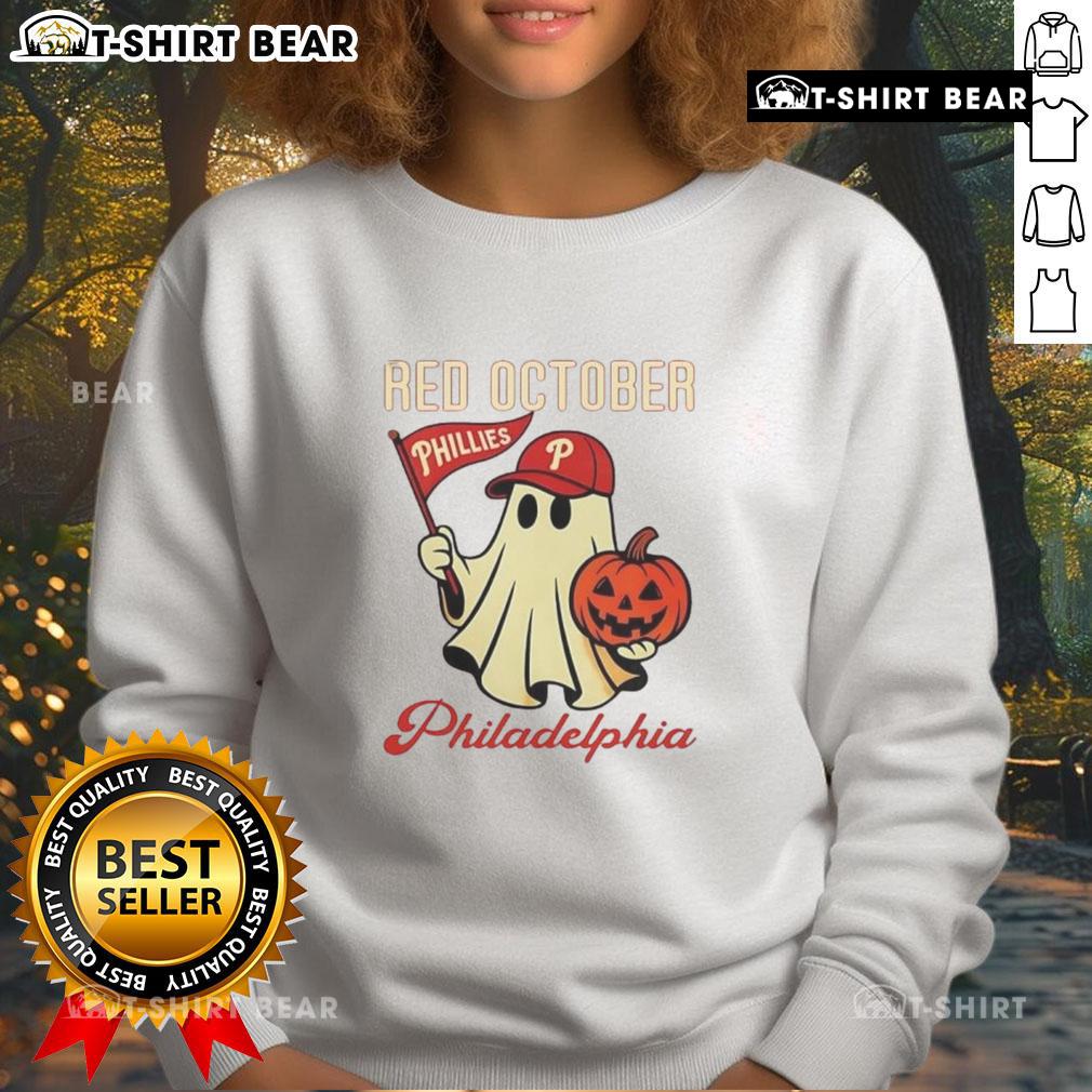 Nice Ghost Philadelphia Phillies Red October Halloween Sweatshirt featuring a spooky design for fans celebrating Halloween.