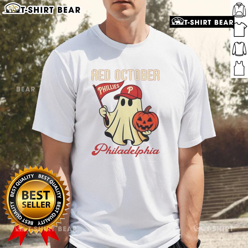 Nice Ghost Philadelphia Phillies Red October Halloween T-Shirt featuring a playful ghost design for spooky baseball fans.