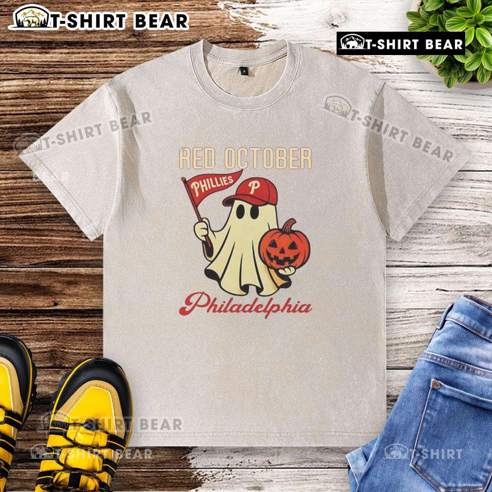 Alt Text: Nice Ghost Philadelphia Phillies Red October Halloween washed t-shirt featuring a spooky design for fans.