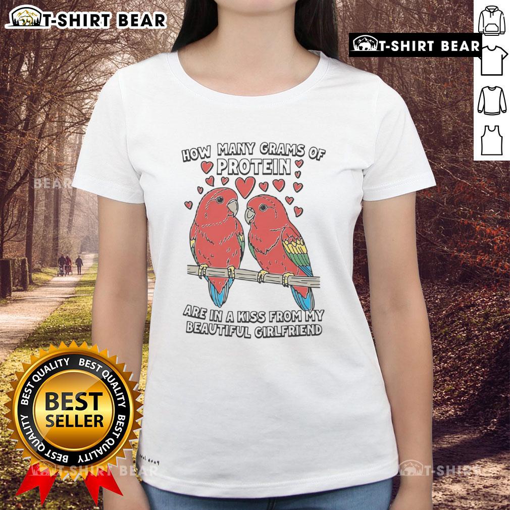 Women's tee with 'How Many Grams of Protein Are In A Kiss' design, perfect for fitness lovers and relationship humor.