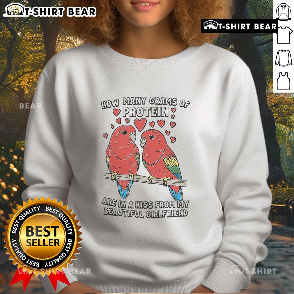 Alt Text: Cozy sweatshirt reading How Many Grams of Protein Are In A Kiss From My Beautiful Girlfriend in vibrant colors.