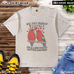 Alt Text: Washed t-shirt with the phrase 'How Many Grams Of Protein Are In A Kiss From My Beautiful Girlfriend' printed on it.