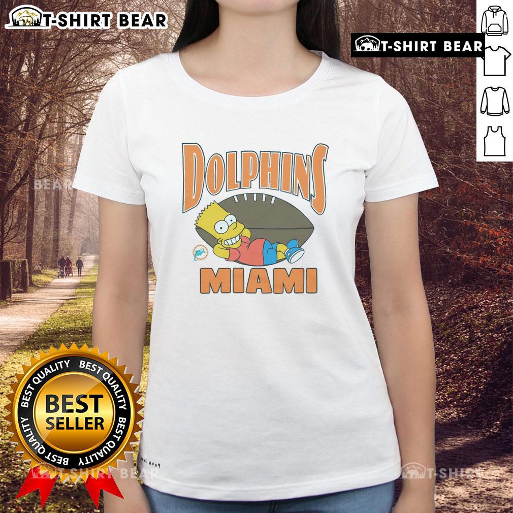 Alt Text: Ladies tee featuring Bart from The Simpsons in Miami Dolphins colors, perfect for fans and casual wear.