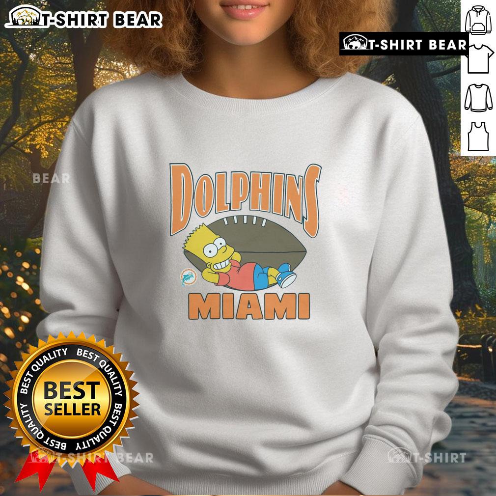 Alt Text: Bart Simpson wearing a Miami Dolphins sweatshirt, showcasing the Nice The Simpsons Bart X Miami Dolphins collaboration.