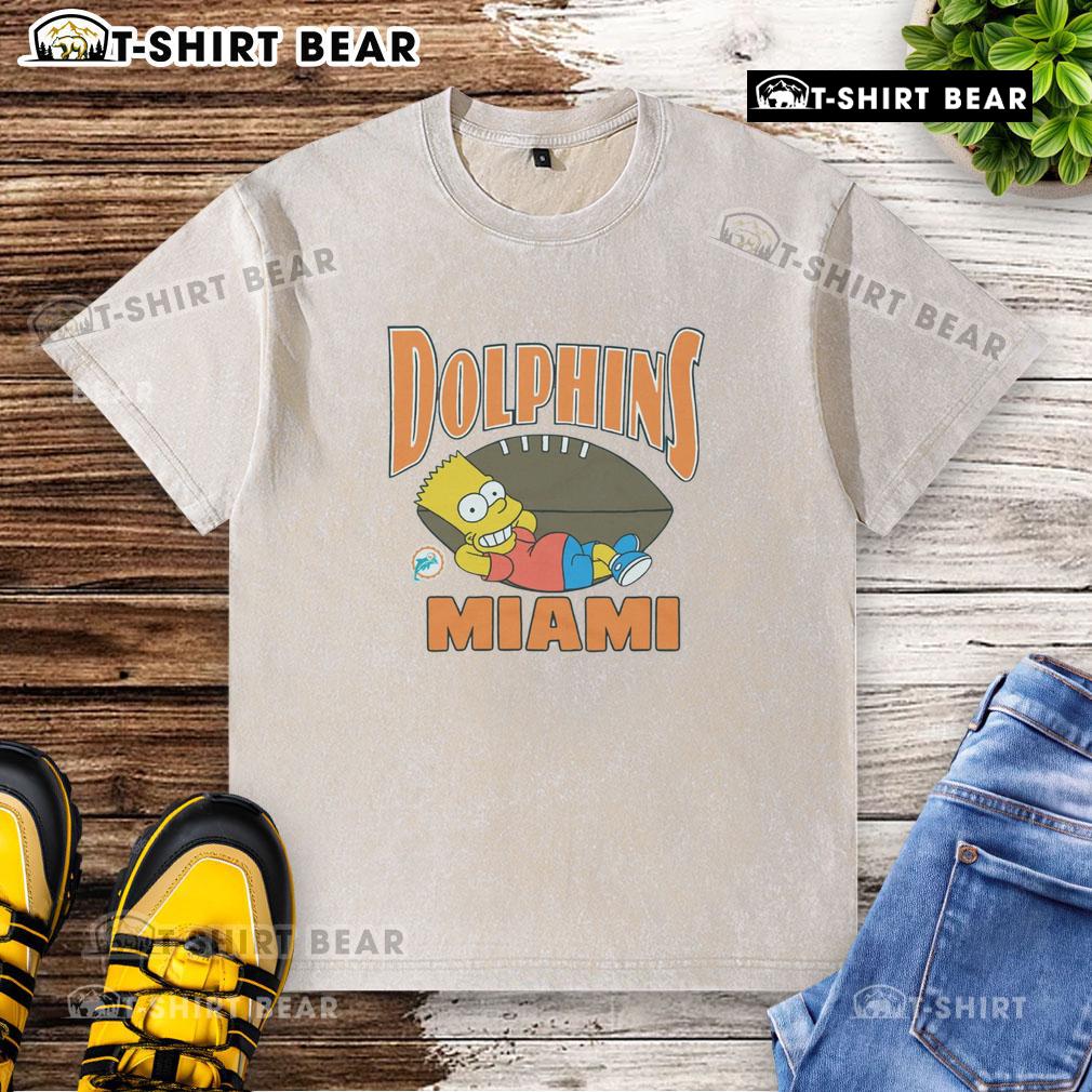 Alt Text: Bart Simpson Miami Dolphins washed t-shirt featuring vibrant graphics and a trendy design for fans.