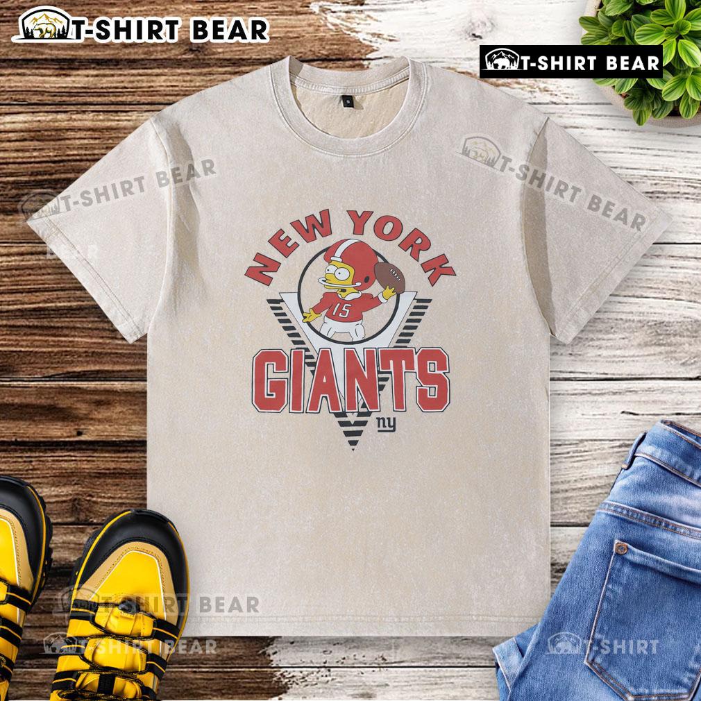 Bart Simpson wearing New York Giants gear on a washed t-shirt, showcasing a fun blend of pop culture and sports fashion.