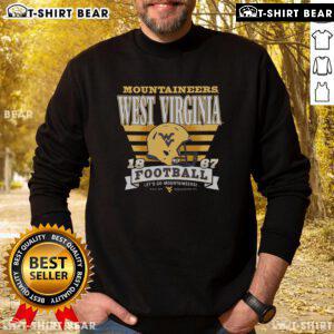 Alt Text: Official West Virginia Mountaineers Stripe Splash Sweatshirt in navy and gold, perfect for game day or casual wear.