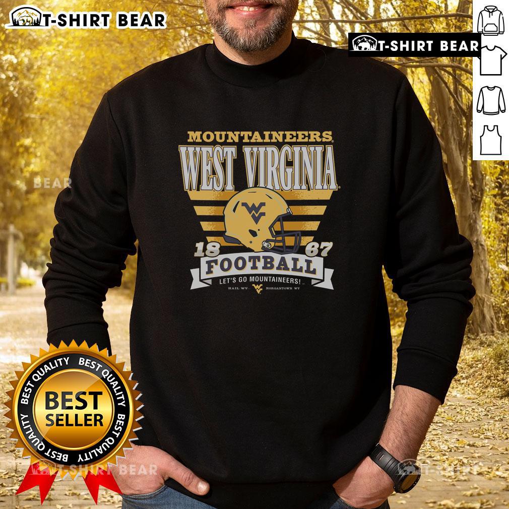 Alt Text: Official West Virginia Mountaineers Stripe Splash Sweatshirt in navy and gold, perfect for game day or casual wear.