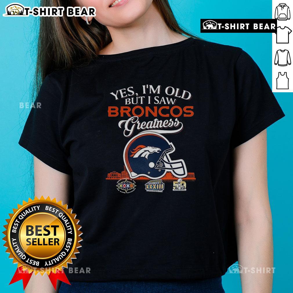 Denver Broncos greatness tee featuring Super Bowl helmet and skyline design for ladies, perfect for fans celebrating history.