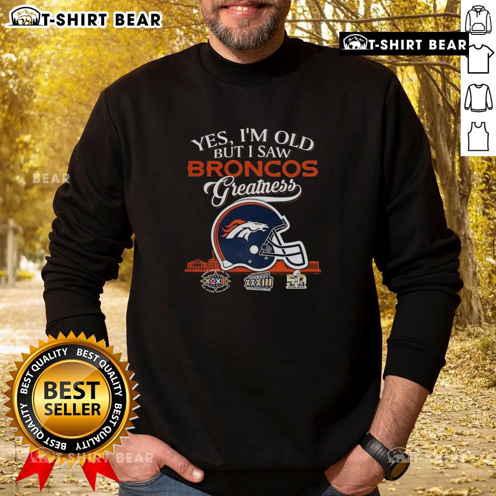 Denver Broncos greatness sweatshirt featuring Super Bowl helmet and skyline design, perfect for nostalgic fans.