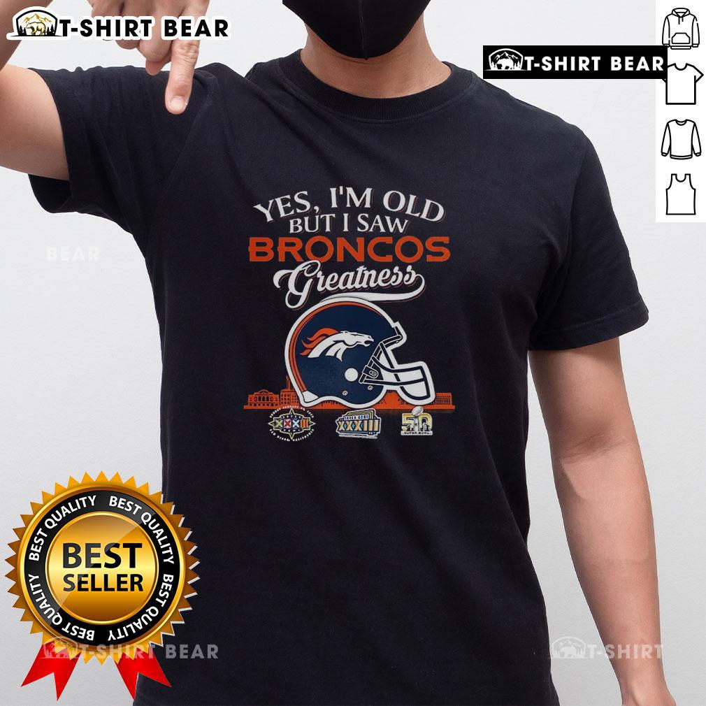 Alt Text: Denver Broncos Super Bowl helmet skyline T-shirt for fans who appreciate greatness and nostalgia in football.
