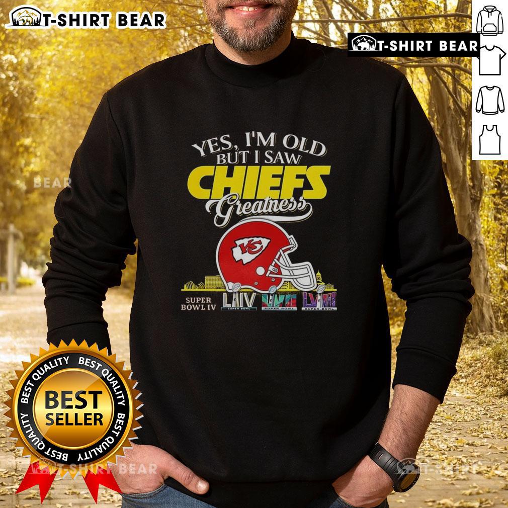 Kansas City Chiefs greatness sweatshirt featuring a skyline and Super Bowl helmet design, perfect for fans.
