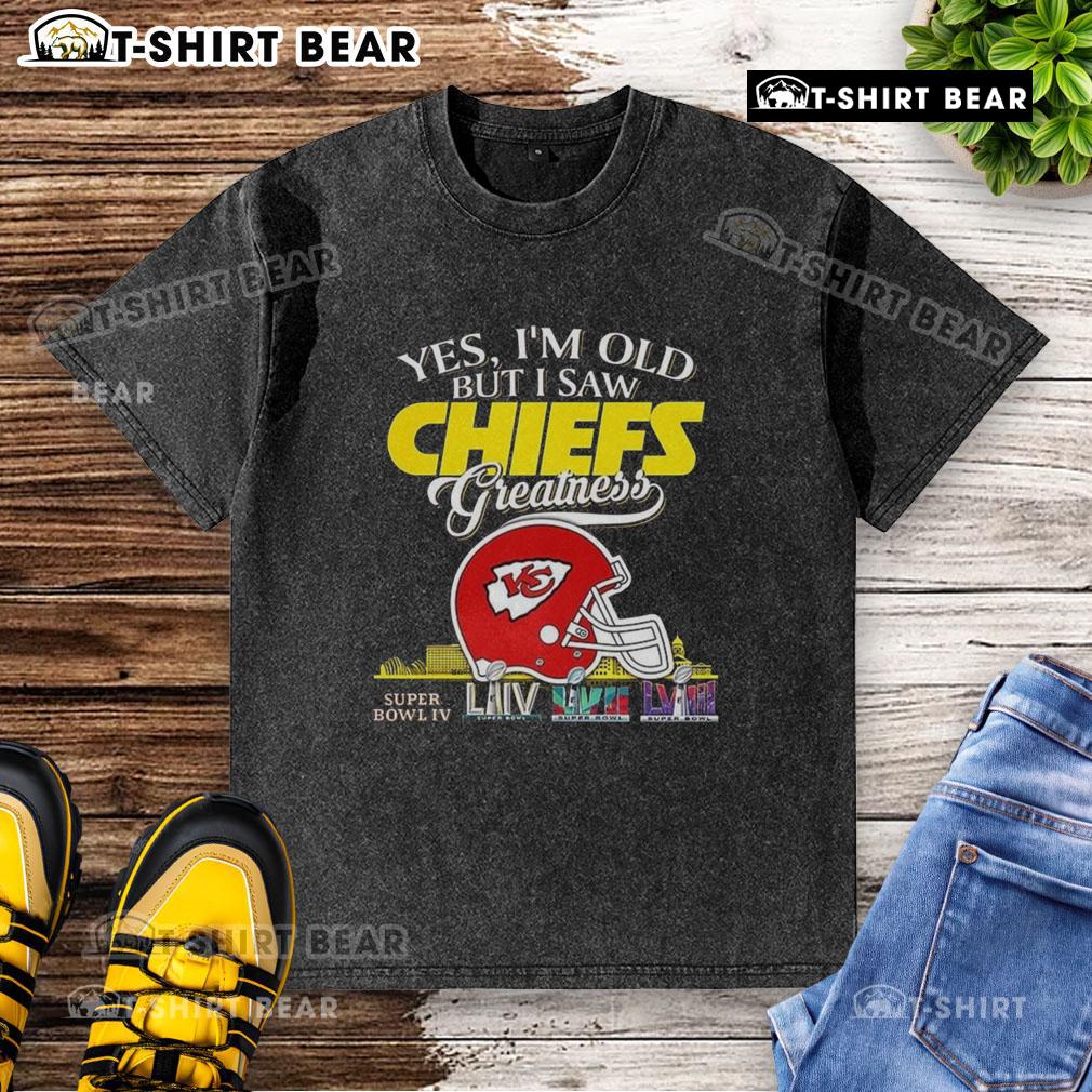 Alt Text: Kansas City Chiefs greatness shirt featuring a skyline and Super Bowl helmet design for fans celebrating their team.