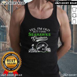 Alt Text: Seattle Seahawks greatness tank top featuring Super Bowl helmet and skyline design, perfect for fans celebrating age.
