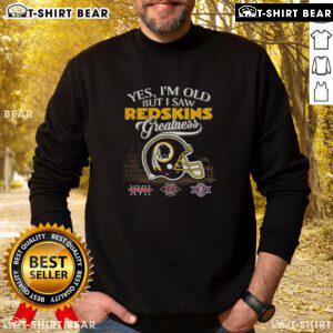 Alt Text: Vintage sweatshirt featuring Washington Redskins Super Bowl helmet and skyline, celebrating old-school football greatness.