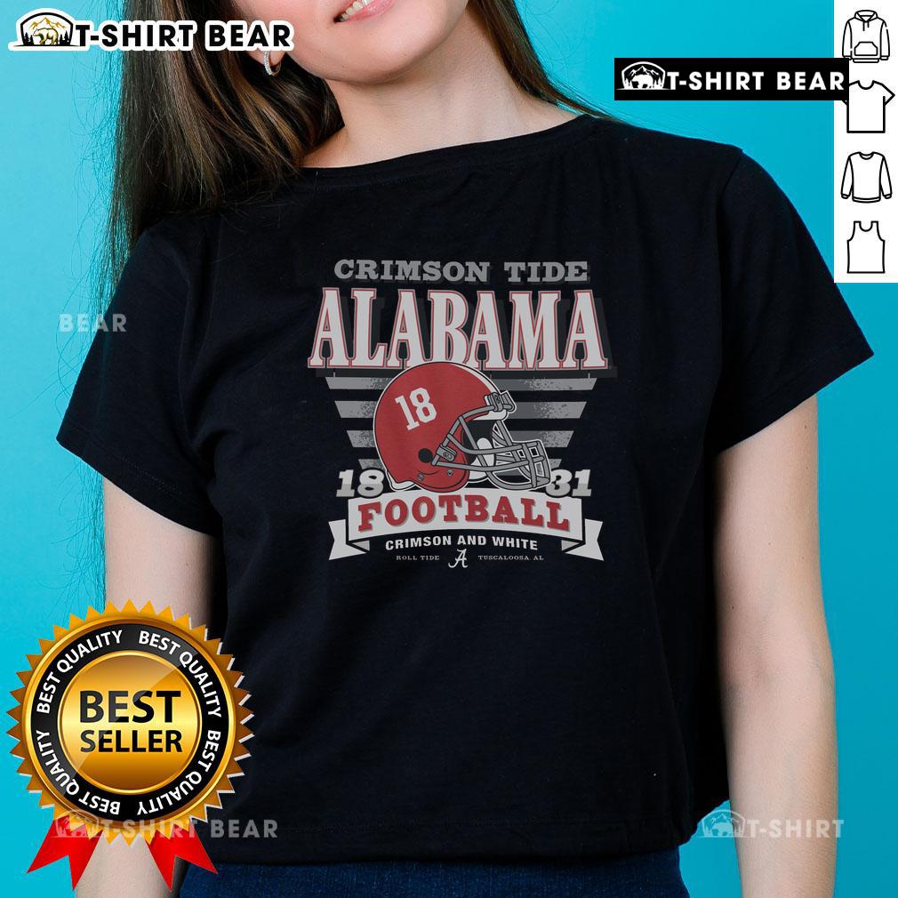 Alt Text: Stylish Alabama Crimson Tide stripe splash ladies tee featuring vibrant colors, perfect for game day and casual wear.
