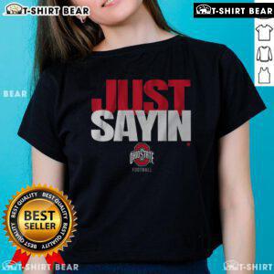 Alt Text: Pretty Ohio State football ladies' tee featuring Julian Sayin design, perfect for fans and casual wear.