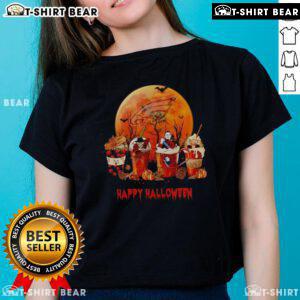 Alt Text: Pretty Philadelphia Eagles Happy Halloween coffee ladies tee featuring festive design and team colors for fans.