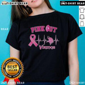 Pretty pink out Breast Cancer heartbeat Minnesota Vikings ladies tee, showcasing team spirit and support for breast cancer awareness.