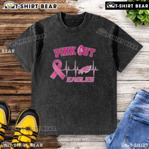 Pretty pink out Breast Cancer Heartbeat Philadelphia Eagles washed t-shirt featuring a heart and team logo design.