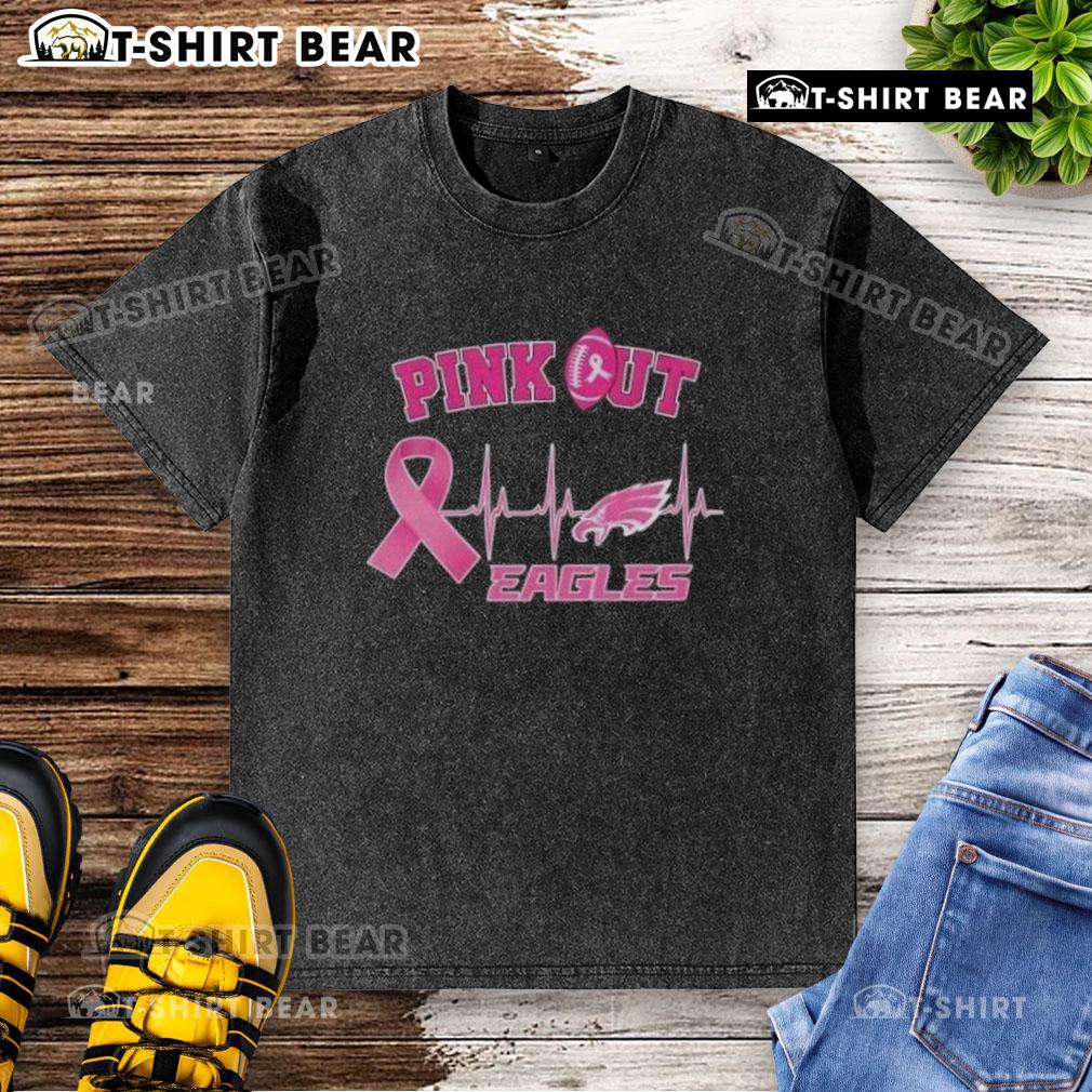 Pretty pink out Breast Cancer Heartbeat Philadelphia Eagles washed t-shirt featuring a heart and team logo design.