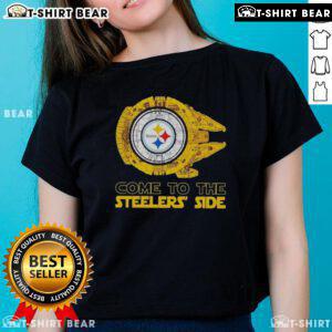 Pretty Pittsburgh Steelers Star Wars design on ladies tee, blending fandom with team spirit for stylish game day wear.