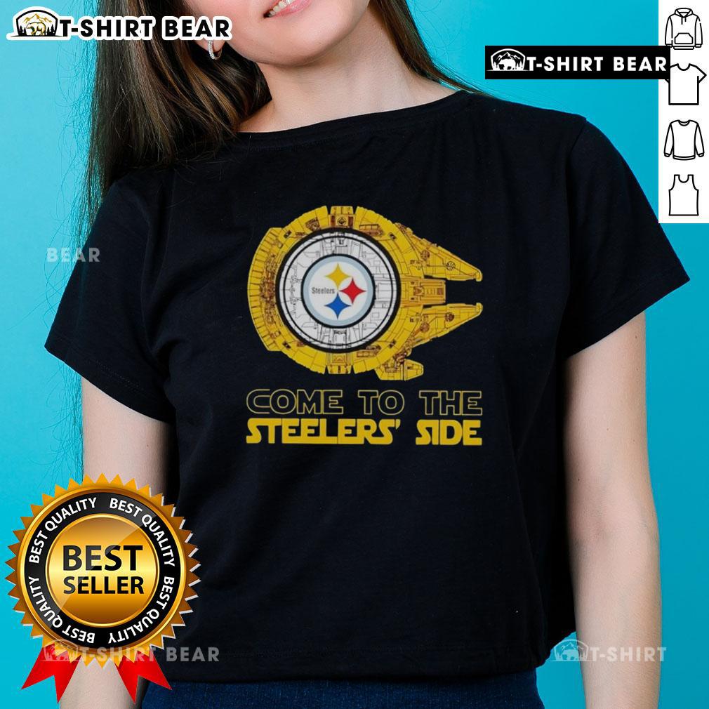 Pretty Pittsburgh Steelers Star Wars design on ladies tee, blending fandom with team spirit for stylish game day wear.