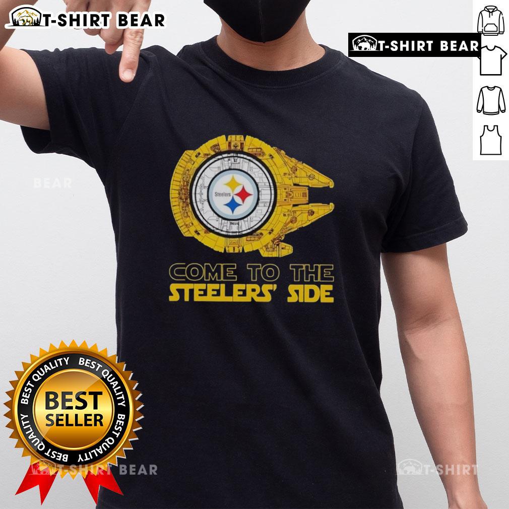 Alt Text: Pretty Pittsburgh Steelers Star Wars Design T-Shirt featuring iconic characters and team logo, perfect for fans.