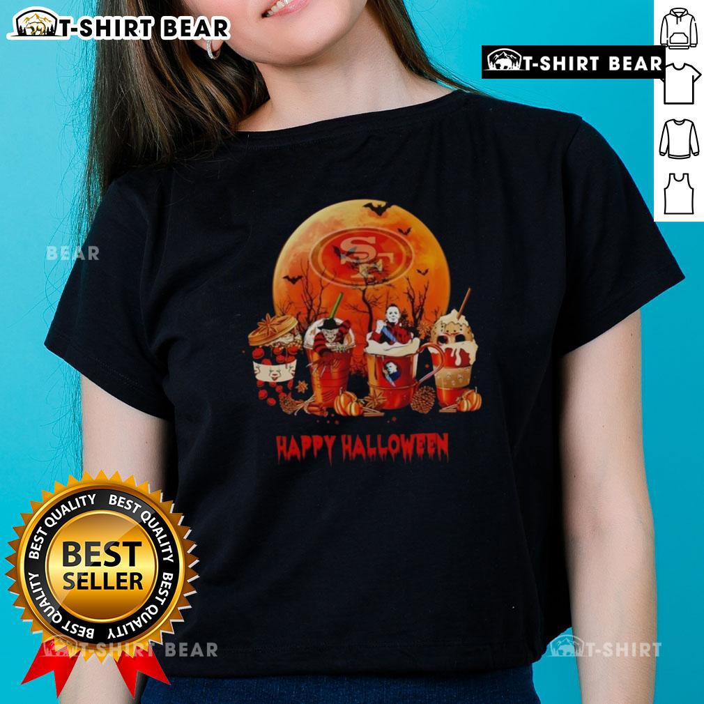 Happy Halloween San Francisco 49ers coffee ladies tee featuring festive graphics and team colors for fans.