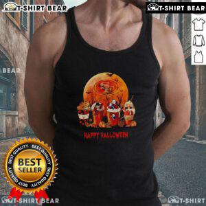 Happy Halloween coffee tank top featuring the San Francisco 49ers logo, perfect for festive football fans.