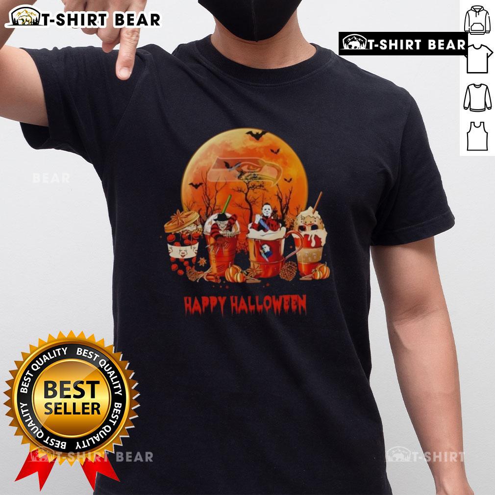 Pretty Seattle Seahawks Happy Halloween coffee T-shirt featuring festive graphics and team colors for fans celebrating Halloween.