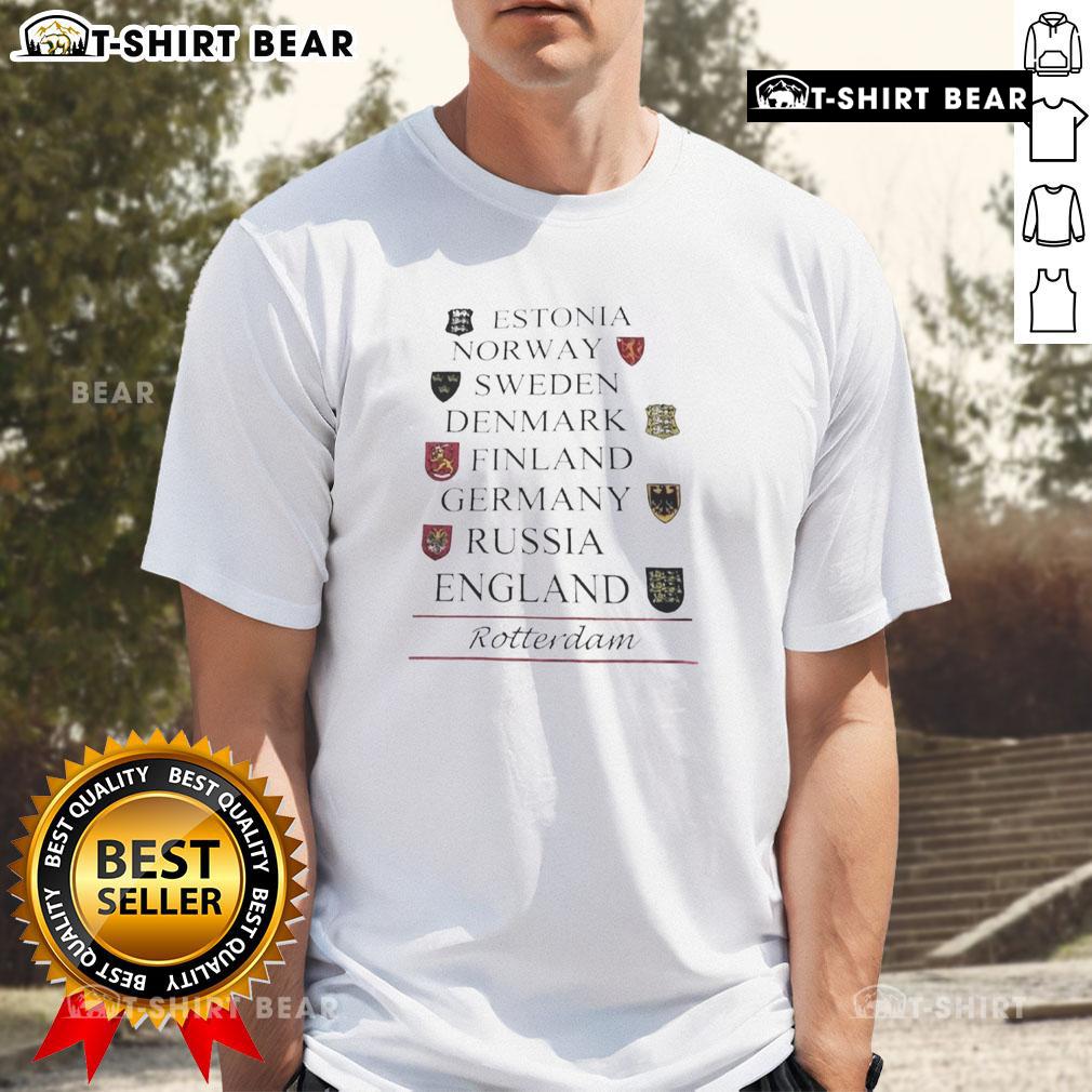 Top Estonia Norway Sweden Denmark Finland Germany Russia England T-Shirt design featuring flags and country names.