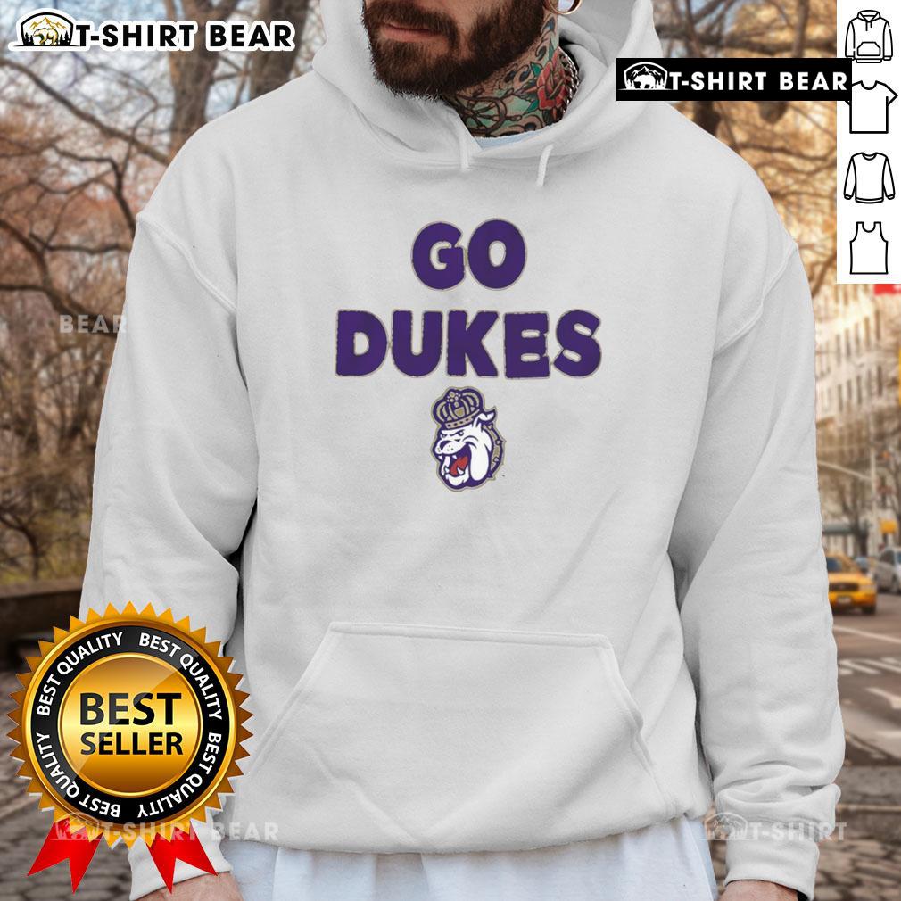 Top JMU Dukes Go Dukes slogan hoodie featuring bold graphics and cozy design for JMU fans.