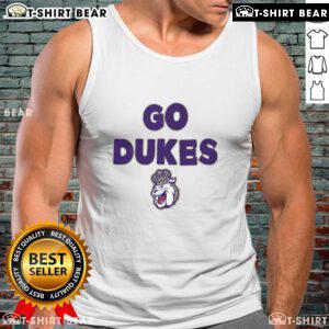 Top JMU Dukes Go Dukes slogan tank top featuring bold graphics and a comfortable fit for fans and students.