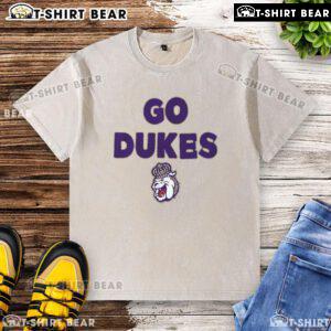Alt Text: Top JMU Dukes Go Dukes slogan washed t-shirt in purple, perfect for fans showing school spirit and support.