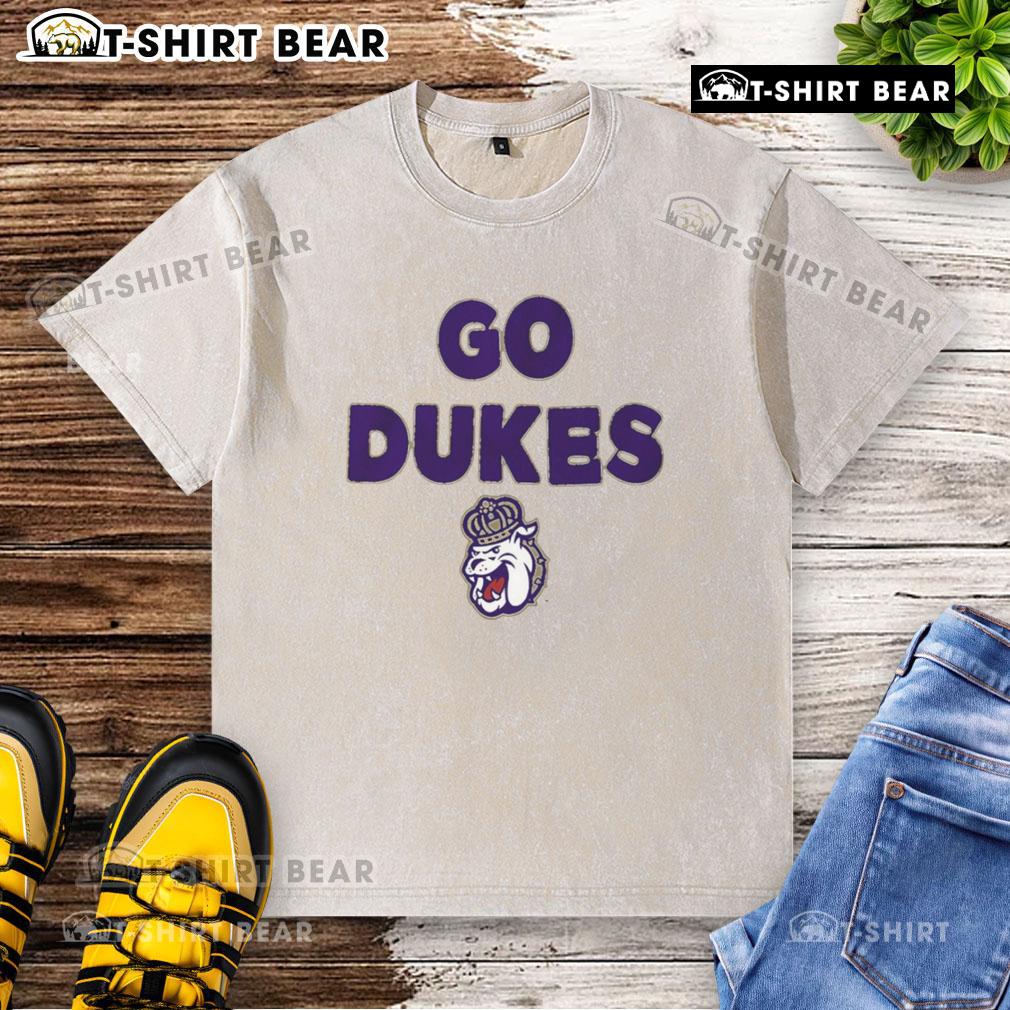Alt Text: Top JMU Dukes Go Dukes slogan washed t-shirt in purple, perfect for fans showing school spirit and support.